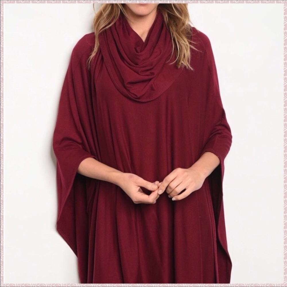 Burgundy Soft and Cozy Cowl Neck Poncho - Picture 2 of 6